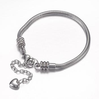 304 Stainless Steel European Round Snake Chains Bracelets, with Lobster Claw Clasp and Heart Charms, Stainless Steel Color, 190x3mm