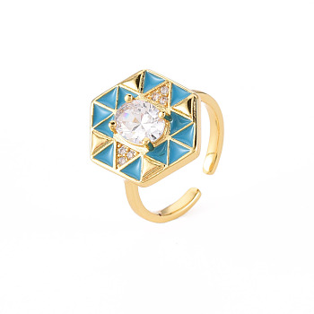 Brass Micro Pave Clear Cubic Zirconia Cuff Rings, Open Rings, with Enamel, Cadmium Free & Nickel Free & Lead Free, Hexagon, Real 16K Gold Plated, Sky Blue, US Size 6, Inner Diameter: 17mm