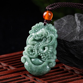Natural Jadeite Pendant Necklaces, with Resin Bead and Wax Rope, the 12 Chinese Zodiac, Snake, 26.69 inch(67.8cm), Pendant: 35x23mm