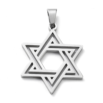 304 Stainless Steel Pendants, Star of David Charm, Stainless Steel Color, 25x20x1.3mm, Hole: 5.5x3mm
