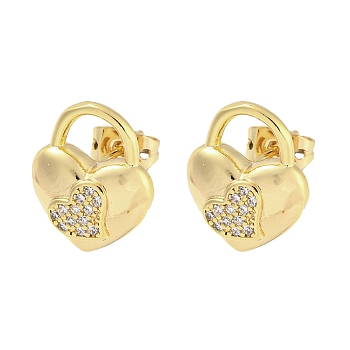 Brass Micro Pave Cubic Zirconia Ear Studs, Real 18K Gold Plated, Heart, 15x12mm