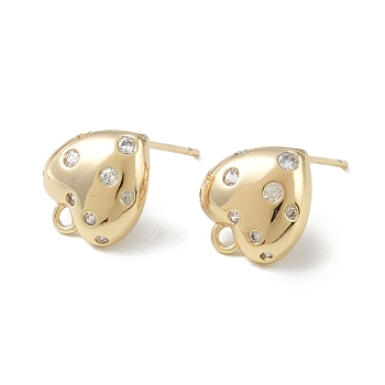 Brass Micro Pave Cubic Zirconia Stud Earring Findings, Heart, Real 18K Gold Plated, 12x10.5mm, Hole: 1mm, Pin: 0.5mm