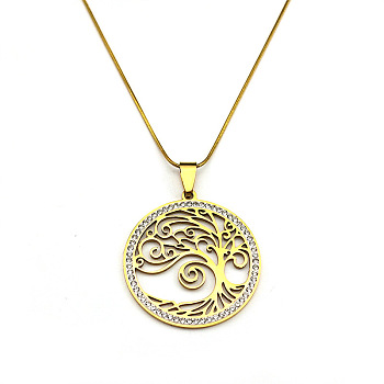 304 Stainless Steel Pendant Necklaces, with Polymer Clay Rhinestones, Flat Round with Tree of Life, Real 18K Gold Plated, 15.87 inch(40.3cm)