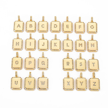 Brass Micro Pave Cubic Zirconia Pendants, Nickel Free, Rounded Rectangle with Letter A~Z, Clear, 18.5x13x2.5mm, Hole: 3.5x3mm