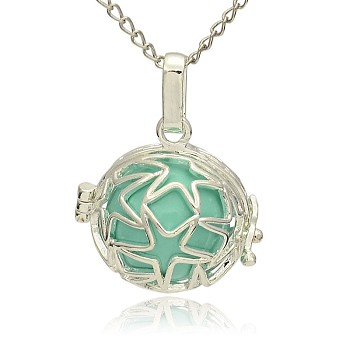 Silver Color Plated Brass Hollow Round Cage Pendants, with No Hole Spray Painted Brass Ball Beads, Medium Turquoise, 23x24x18mm, Hole: 3x8mm