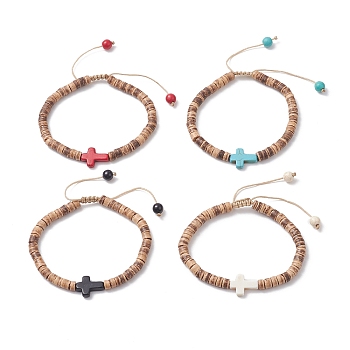 Dyed Synthetic Turquoise Corss & Coconut Disc Braided Bead Bracelet for Women, Mixed Color, Inner Diameter: 2-1/2 inch~3-3/4 inch(6.4~9.5cm)