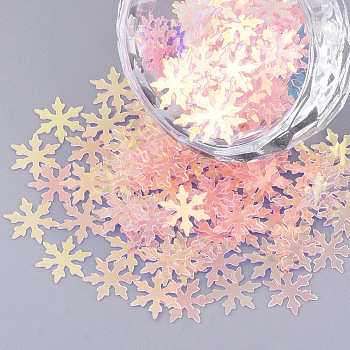 Ornament Accessories, PVC Plastic Paillette/Sequins Beads, No Hole/Undrilled Beads, Christmas Snowflake, Pink, 9.5x8x0.4mm, about 30700pcs/500g