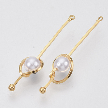 Brass Pendants, Real 18K Gold Plated, with ABS Plastic Imitation Pearl, Nickel Free, 37~38x8x6mm, Hole: 1.2mm