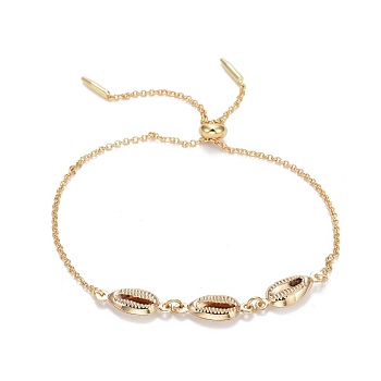 Brass Slider Bracelets, Bolo Bracelets, with Rolo Chains, Cowrie Shell Shape, Golden, 10-3/8 inch(26.4cm), 0.8~1.5mm