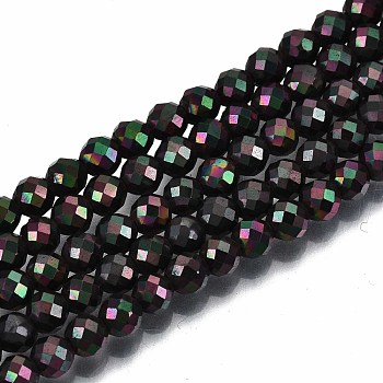 Electroplate Non-magnetic Synthetic Hematite Beads Strands, Round, Faceted, Black, 4mm, Hole: 1mm, about 108pcs/strand, 15.67 inch~15.91 inch(39.8cm~40.4cm)