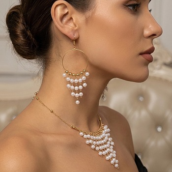 Alloy & Imitation Pearl Round Tassel Dangle Earrings & Necklaces Sets for Women, Creamy White, 380mm