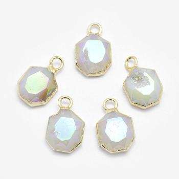 Electroplate Natural Druzy Agate Pendants, with Brass Findings, Faceted, Heptagon, Golden, White, 16x10.5x4.5mm, Hole: 2.5mm