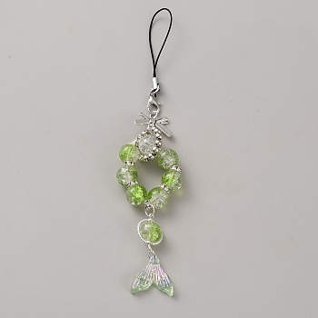Lampwork Bead Mobile Straps, with Alloy Findings, Bowknot with Round & Fishtail, Platinum, Green, 170mm