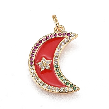 Brass Cubic Zirconia Pendant, with Enamel, Moon with Star, Golden, Red, 19.5x13.8x1.8mm, Hole: 3.3mm