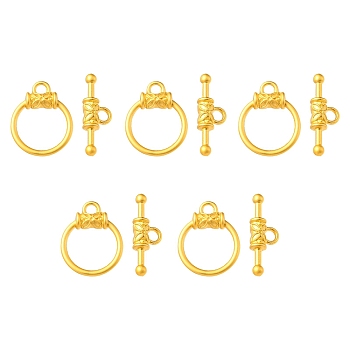 Alloy Toggle Clasps, Round Ring Shape with Flower, Matte Gold Color, Ring: 18x15x4mm, Bar: 7x21x4mm, Hole: 2.5mm
