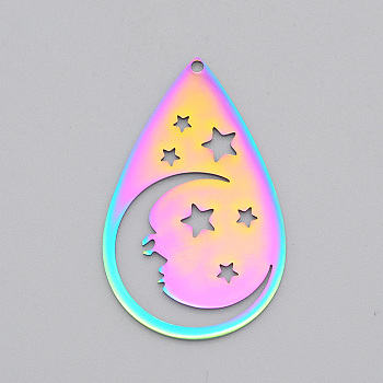 Ion Plating(IP) 201 Stainless Steel Pendants, Laser Cut, Teardrop with Star, Rainbow Color, 37.5x23.5x1mm, Hole: 1.5mm