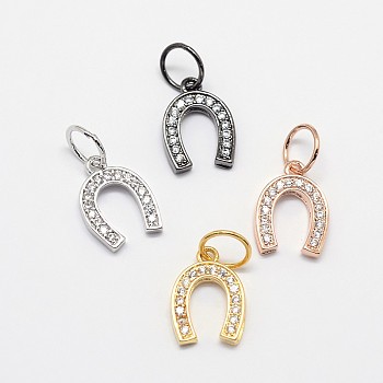 CZ Brass Micro Pave Cubic Zirconia Horse Shoe Charms, Mixed Color, 13x9x2mm, Jump Ring: 7x0.8mm