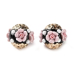 Handmade Polymer Clay Indonesia Beads, Round with Flower, with Alloy Core & Resin & ABS Imitation Pearl, Light Gold, 17~18x17~18mm, Hole: 1.8mm(IPDL-H001-19KCG)