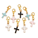 8Pcs 4 Colors Cross Alloy Enamel Pendant Decorations, with Alloy Lobster Claw Clasps, Mixed Color, 30mm, 2pcs/color(HJEW-JM03642)
