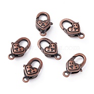 Tibetan Style Alloy Lobster Claw Clasps, Heart, Cadmium Free & Nickel Free & Lead Free, Red Copper, 20.5x11x6mm, Hole: 2mm(TIBE-T002-27R-NR)