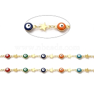 Colorful Evil Eyes & Brass Star Link Chains, Soldered, with Spool, Real 18K Gold Plated, 12x6.5x4mm, 8.5x7x0.5mm(CHC-A006-05G)