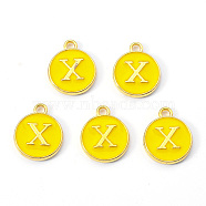 Golden Plated Alloy Enamel Charms, Enamelled Sequins, Flat Round with Letter, Gold, Letter.X, 14x12x2mm, Hole: 1.5mm(X-ENAM-S118-09X)