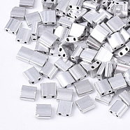 Electroplate Opaque Glass Seed Beads, 2-Hole, Rectangle, Silver Plated, 5x4.5~5.5x2~2.5mm, Hole: 0.5~0.8mm(SEED-S023-20C-03)