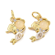 Natural White Jade Mermaid Pendants, Rack Plating Brass Pave Cubic Zirconia Charms with Jump Rings, Real 18K Gold Plated, Long-Lasting Plated, Lead Free & Cadmium Free, Clear, 15x11.5x3mm, Hole: 3mm(KK-Q814-21G-02)