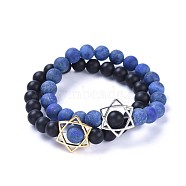Natural Black Agate(Dyed) Bead and Natural Lapis Lazuli(Dyed & Heated) Bead Stretch Bracelet Sets, with Alloy Findings, Frosted, 2-1/8 inch(5.5cm), 2pcs/set(BJEW-JB04298-03)