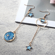 Enamel Moon & Planet Asymmetrical Earrings, Light Gold Plated Alloy Dangle Earrings for Women, Cornflower Blue, 90mm(MOST-PW0001-054D)