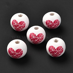Printed Wood European Beads, Large Hole Beads, Round with Heart Pattern, Dyed, White, 16x15mm, Hole: 4mm(WOOD-F011-03A)