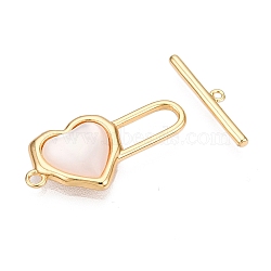 Brass Toggle Clasps, with Shell & with Resin, Heart, Real 18K Gold Plated, 24x12x3mm, Hole: 1.6mm, Bar: 3.5x17.5x1.5mm, Hole: 1mm(KK-N254-140G)