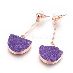 Natural Druzy Quartz Dangle Stud Earrings, with Golden Tone Brass Findings, Half Round, Indigo, 56mm, Pin: 0.7mm(EJEW-F171-02F)
