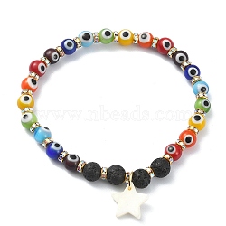 Natural Lava Rock & Lampwork Evil Eye Round Beaded Stretch Bracelet, Natural Shell Star Charms Adjustable Bracelet for Women, Colorful, Inner Diameter: 2 inch(5.2cm)(BJEW-JB09376)