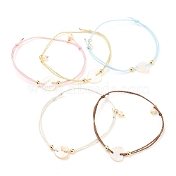 Adjustable Polyester Braided Cord Bracelet, Link Bracelet, with Round Natural Pearl Beads, Brass Beads and Shell Links, Heart, Mixed Color, Inner Diameter: 2-1/8~3 inch(5.4~7.5cm)(BJEW-JB05541)