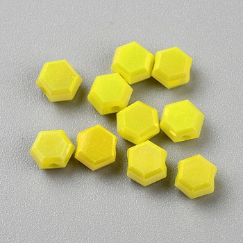 Electroplate Opaque Glass Beads, Faceted, Hexagon, Yellow, 5x6x3.5mm, Hole: 1mm