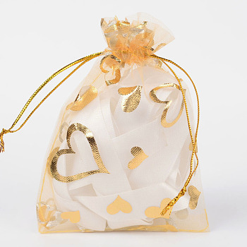 Heart Printed Organza Bags, Gift Bags, Rectangle, Goldenrod, 12x10cm