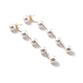 Round Plastic Pearl Beaded Long Chain Dangle Stud Earrings, 304 Stainless Steel Drop Earrings for Women, Golden, 95x10mm, Pin: 0.7mm