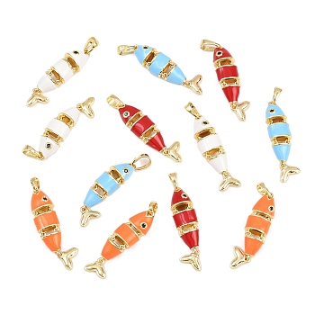 Brass Micro Pave Cubic Zirconia Charms, with Enamel, Fish Charms, Real 18K Gold Plated, Mixed Color, 29x8x6.5mm, Hole: 6.5x4mm