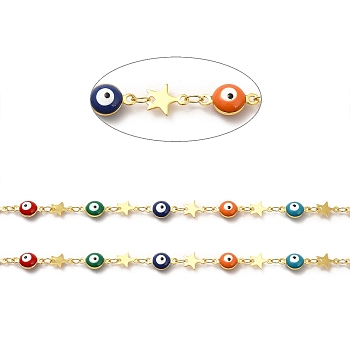 Colorful Evil Eyes & Brass Star Link Chains, Soldered, with Spool, Real 18K Gold Plated, 12x6.5x4mm, 8.5x7x0.5mm