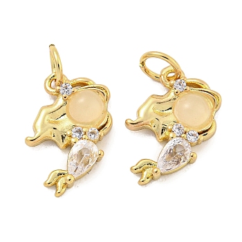 Natural White Jade Mermaid Pendants, Rack Plating Brass Pave Cubic Zirconia Charms with Jump Rings, Real 18K Gold Plated, Long-Lasting Plated, Lead Free & Cadmium Free, Clear, 15x11.5x3mm, Hole: 3mm