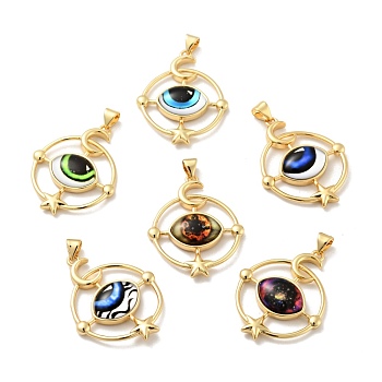 Opaque Resin Pendants, with Real 18K Gold Plated Tone Brass Findings, Ring with Eye Charm, Cadmium Free & Nickel Free & Lead Free, Mixed Color, 33x26x7mm, Hole: 3x4.3mm