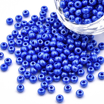 6/0 Czech Opaque Glass Seed Beads, Lustered, Round, Royal Blue, 4x3mm, Hole: 1.2mm, about 500g/bag