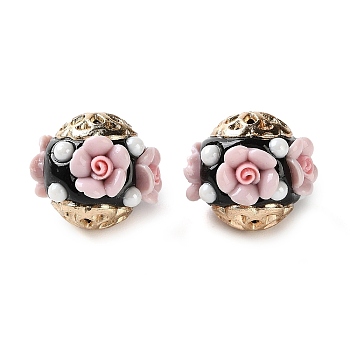 Handmade Polymer Clay Indonesia Beads, Round with Flower, with Alloy Core & Resin & ABS Imitation Pearl, Light Gold, 17~18x17~18mm, Hole: 1.8mm