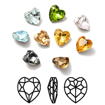 Faceted K9 Glass Rhinestone Cabochons, Pointed Back & Back Plated, Heart, Mixed Color, 10x10x5mm