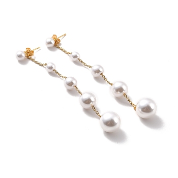 Round Plastic Pearl Beaded Long Chain Dangle Stud Earrings, 304 Stainless Steel Drop Earrings for Women, Golden, 93mm, Pin: 0.7mm