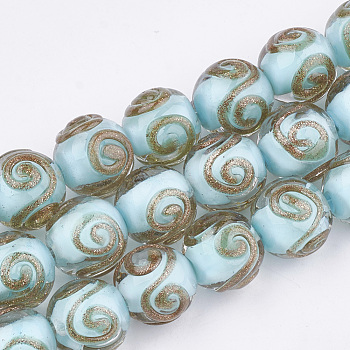 Handmade Gold Sand Lampwork Beads, Round, Pale Turquoise, 11.5~12.5x11~12mm, Hole: 1.5~2mm