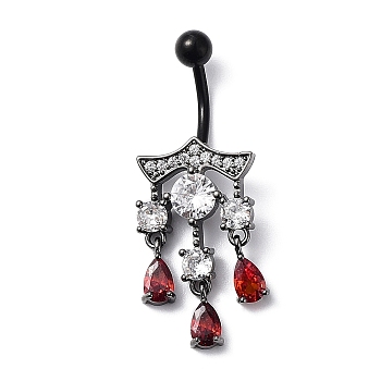 Hyacinth Rhinestone Charm Dangle Belly Rings, Alloy Belly Ring with 304 Stainless Steel with Pins for Women, Teardrop, 42.5x15.5mm