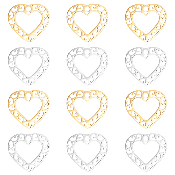 DICOSMETIC 12Pcs 2 Colors 201 Stainless Steel Pendants, Filigree Joiners Findings, Laser Cut, Heart, Golden & Stainless Steel Color, 17x19x1mm, Hole: 2mm, 6pcs/color