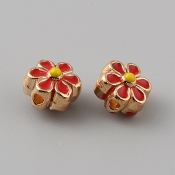 Light Gold Tone Alloy Enamel Beads, Flower, Red, 7x6.5x5mm, Hole: 1mm